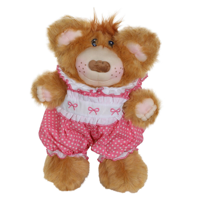 A1 An Original Xavier Roberts Furskins Brown Nose Blue Eyes Romper Pink Polka Dot