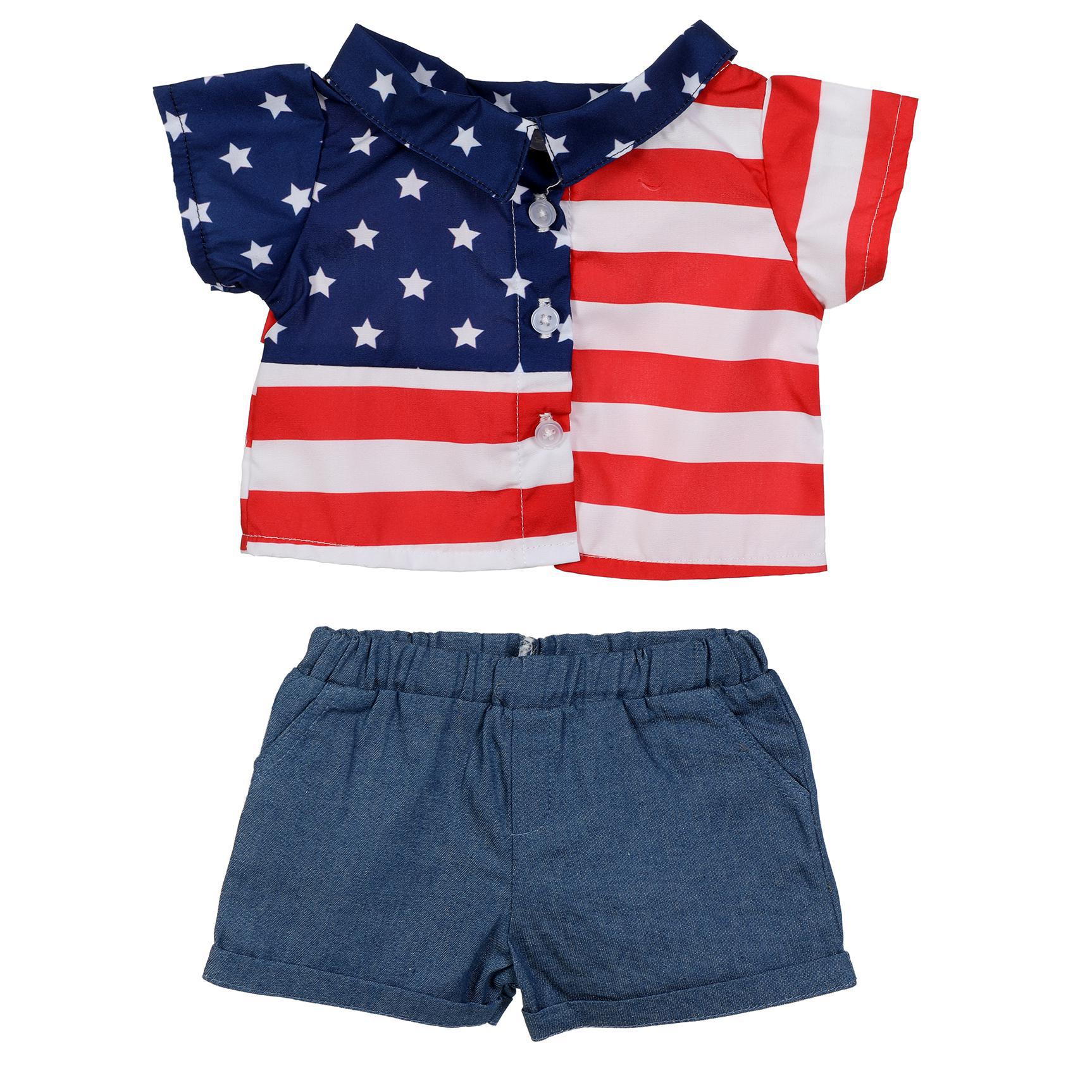 BLC C Outfit 2pc USA Flag Shirt/Denim Shorts Fits 20"