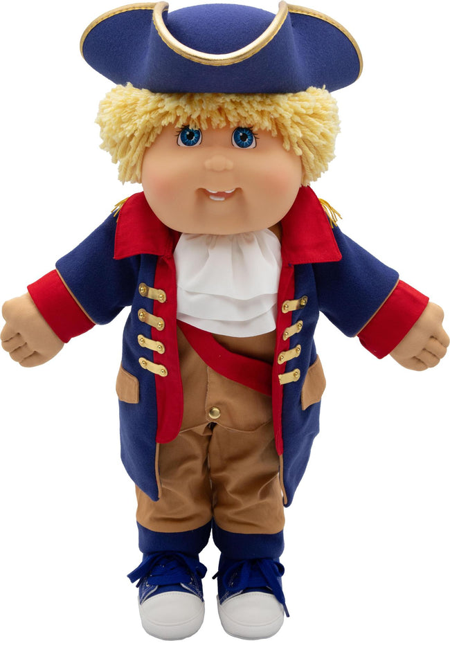 Cabbage Patch Kids doll with blue eyes and shaggy blonde yarn hair, wearing a blue tricorn hat, Revolutionary War-style outfit, white cravat, and blue sneakers.