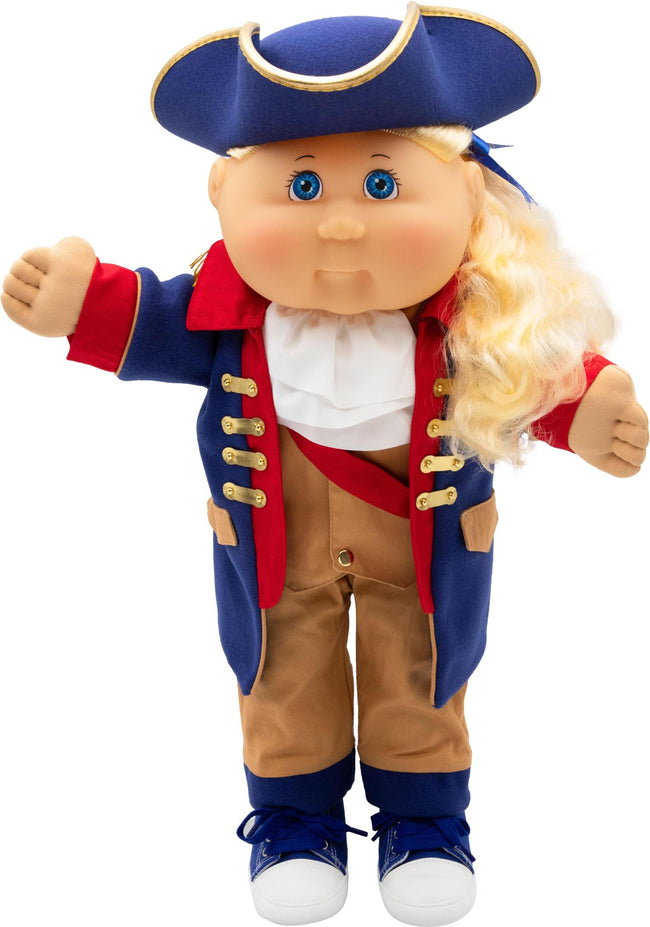 Cabbage Patch Kids doll in a blue tricorn hat and Revolutionary War-style outfit, with blonde hair, blue eyes, raised arms, and blue sneakers on a white background.