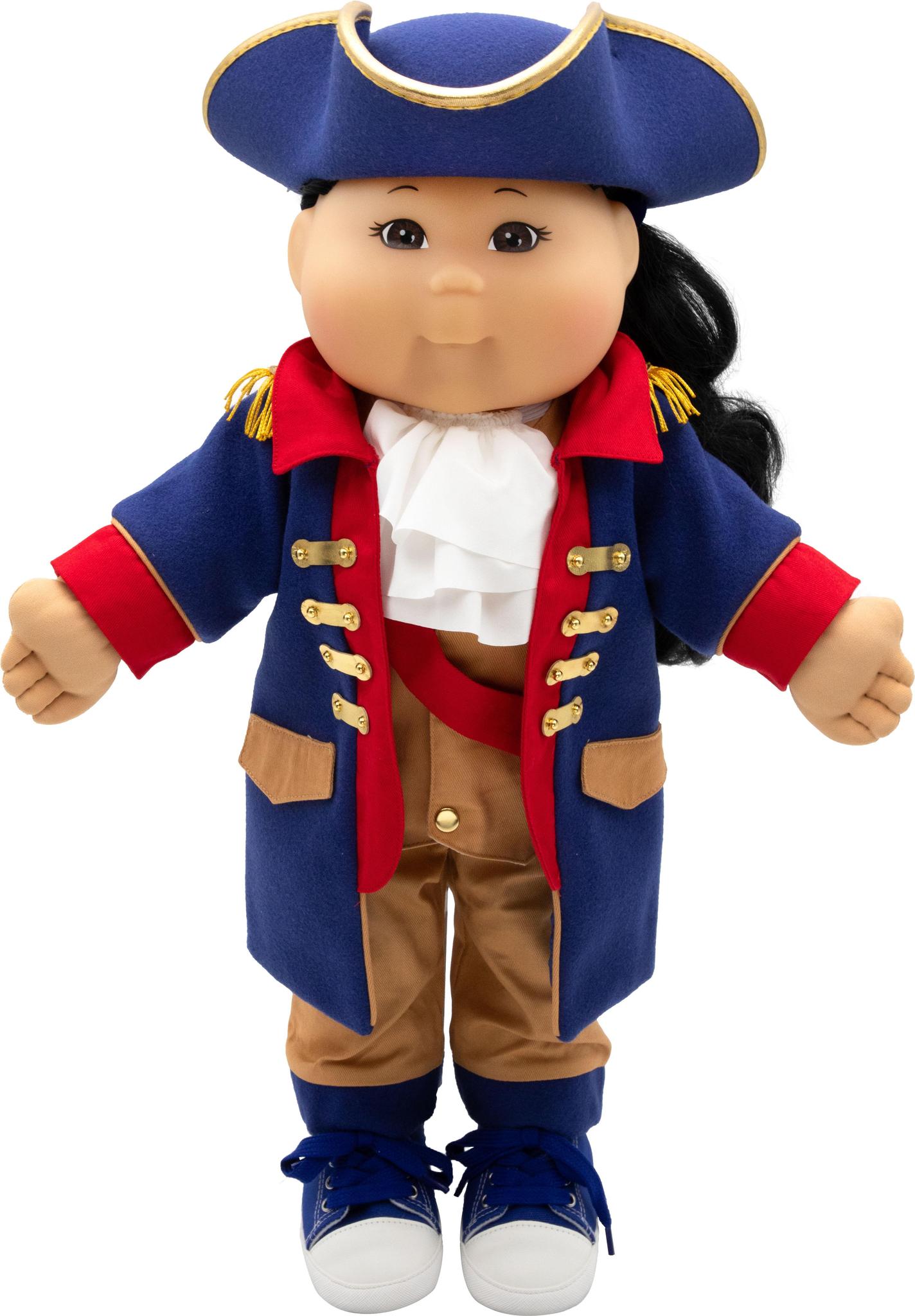 Cabbage Patch Kids doll with black hair and brown eyes, wearing a blue tricorn hat, Revolutionary War-style outfit, white cravat, and blue sneakers.