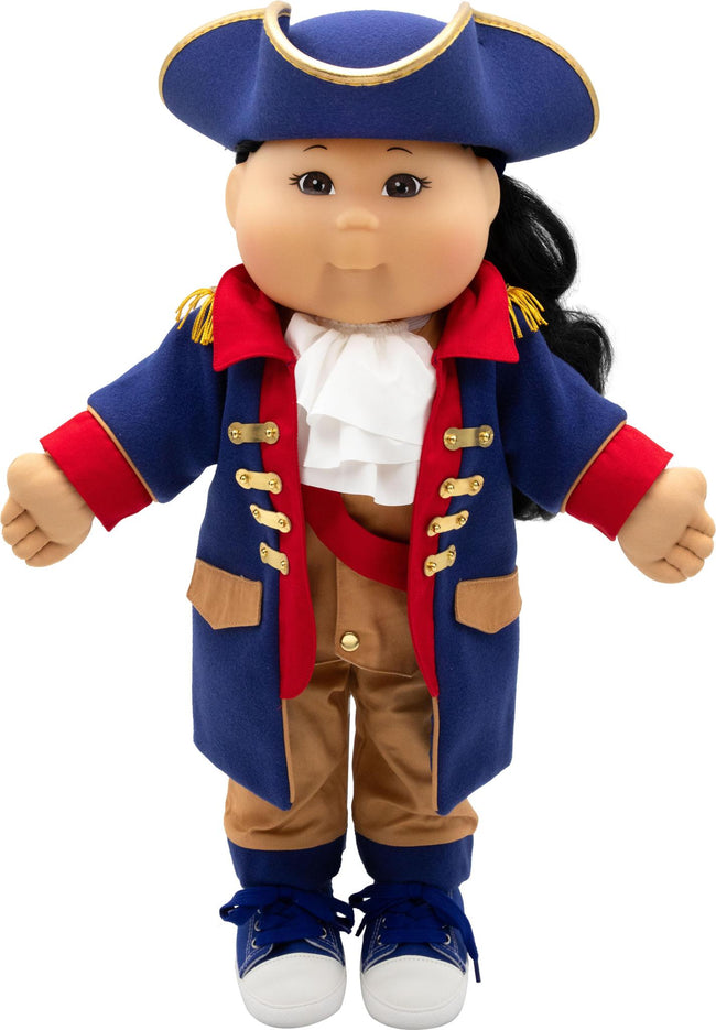 Cabbage Patch Kids doll with black hair and brown eyes, wearing a blue tricorn hat, Revolutionary War-style outfit, white cravat, and blue sneakers.