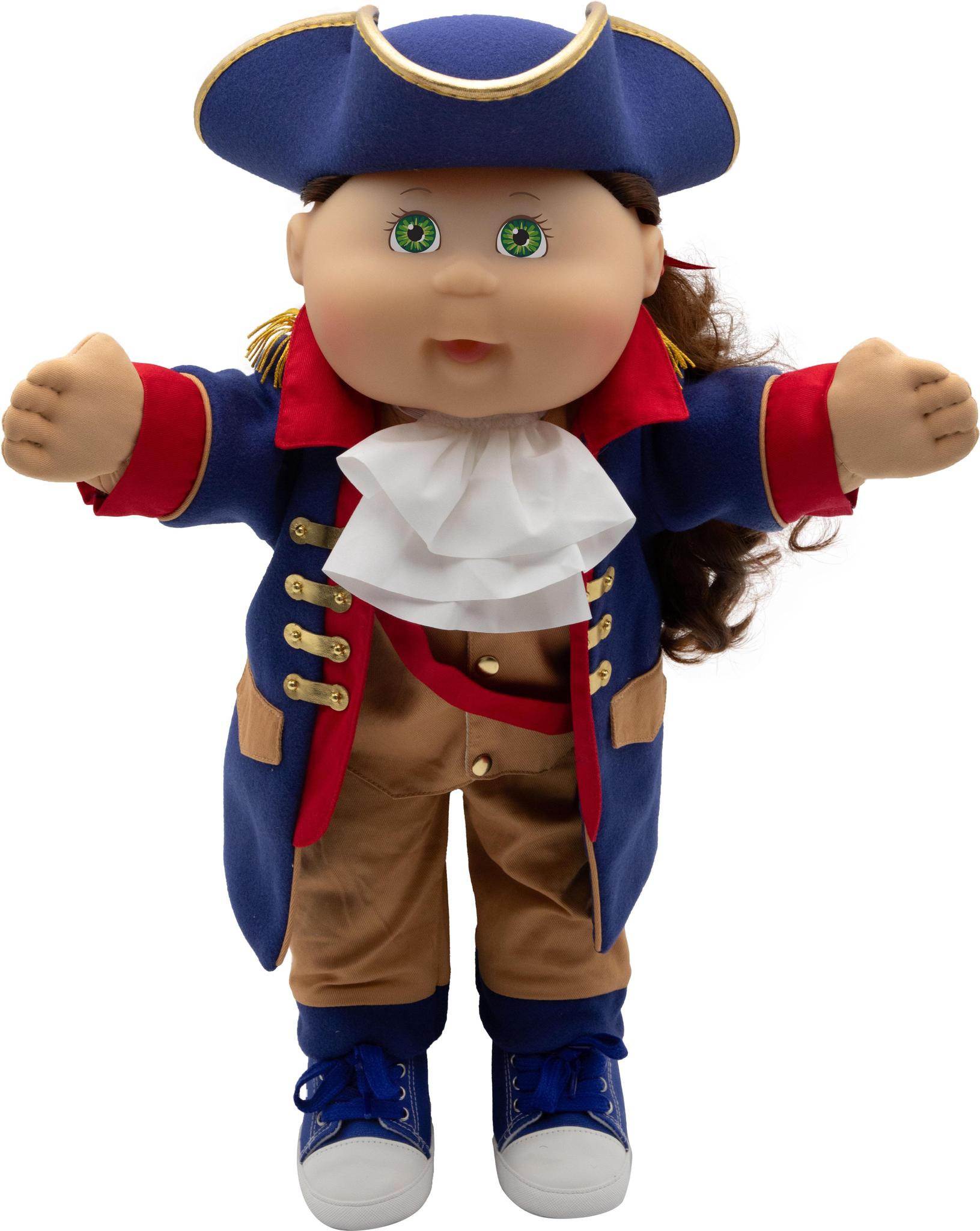 Cabbage Patch Kids doll with green eyes and brown hair, wearing a blue tricorn hat, Revolutionary War-style outfit, white cravat, and blue sneakers.