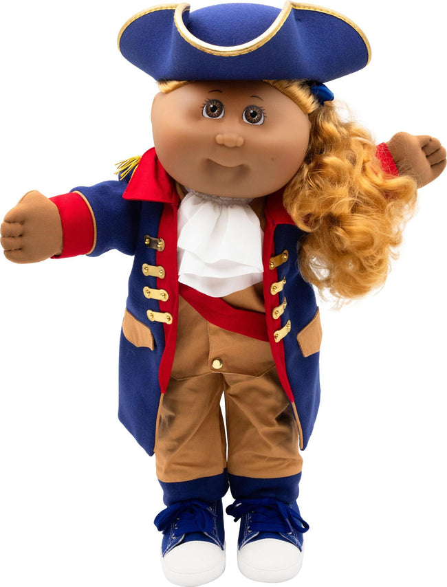 Cabbage Patch Kids doll with light brown skin and curly blonde hair, wearing a blue tricorn hat, Revolutionary War-style outfit, white cravat, and blue sneakers.