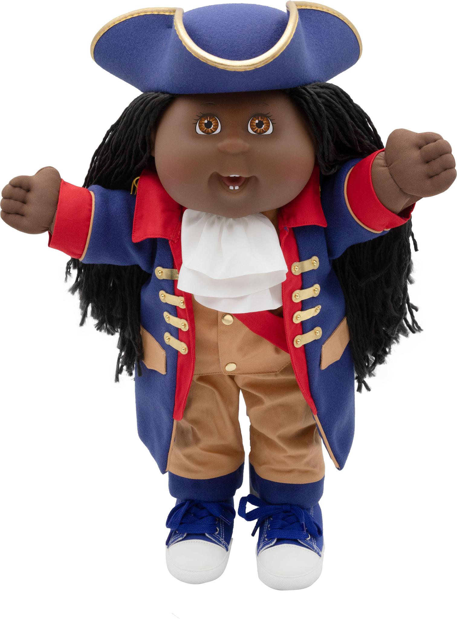 Cabbage Patch Kids doll with dark skin and black yarn hair, wearing a blue tricorn hat, Revolutionary War-style outfit, white cravat, and blue sneakers.