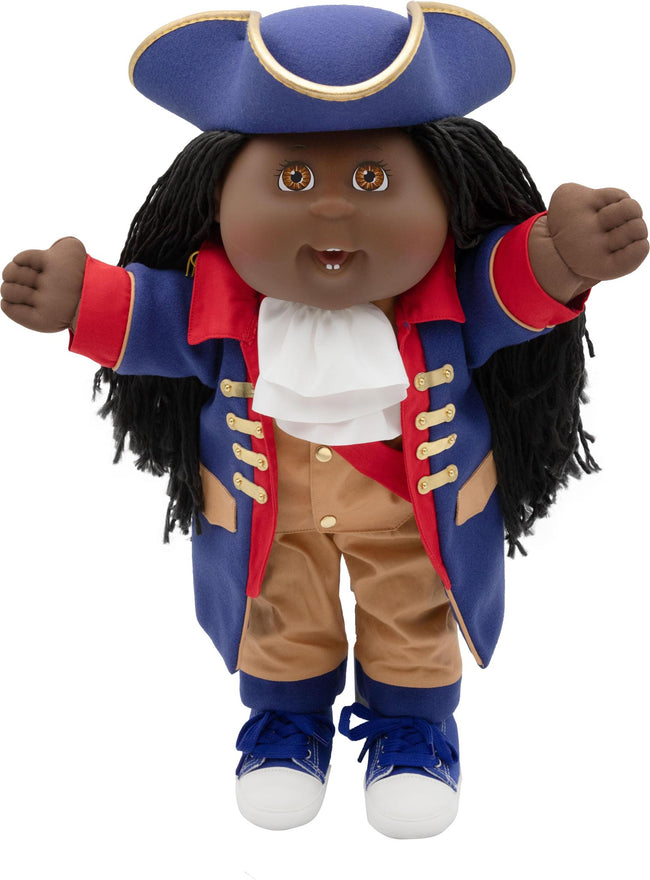 Cabbage Patch Kids doll with dark skin and black yarn hair, wearing a blue tricorn hat, Revolutionary War-style outfit, white cravat, and blue sneakers.